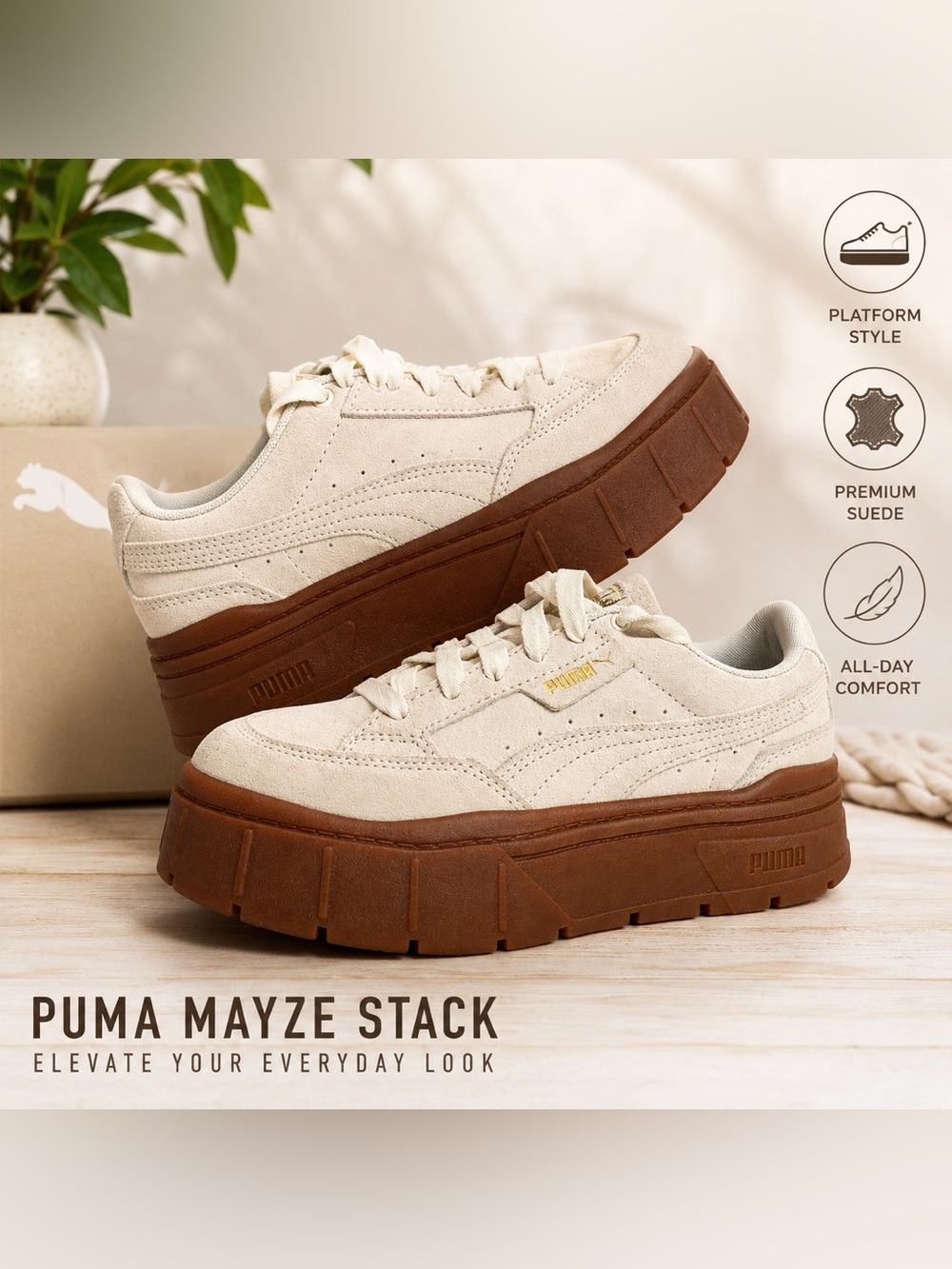 Puma Mayze Stack Luxe Platform Sneakers Cream Suede Gum Sole Women’s US 8